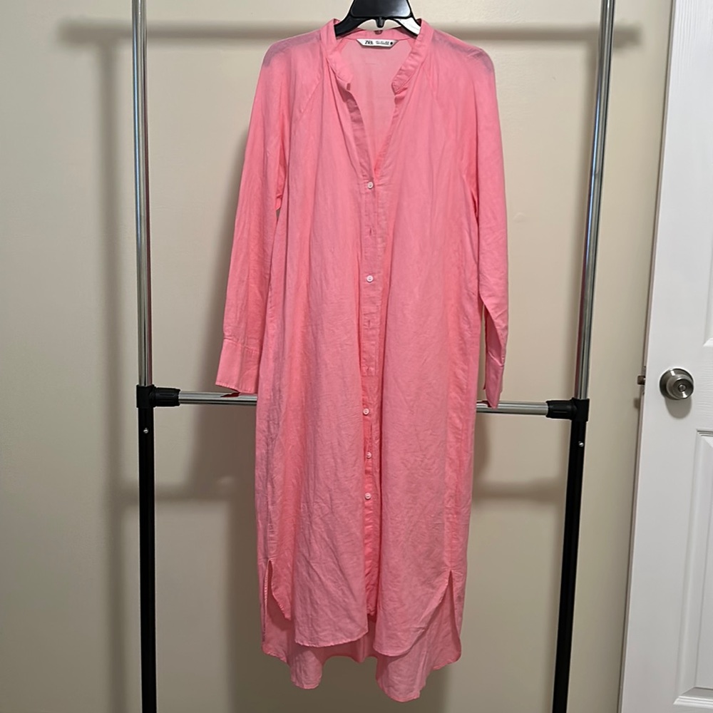 Zara long linen pink shirt dress